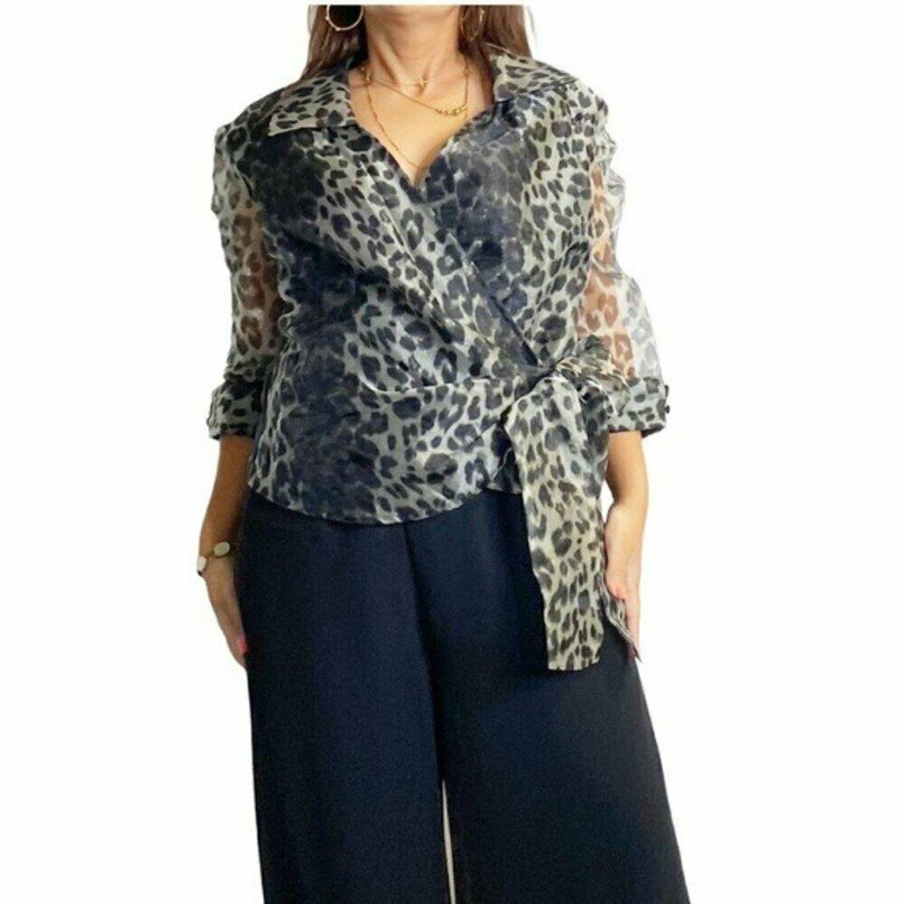 Miles Blake black wrap tie animal print blouse sz L sheet cuff long sleeve vtg